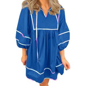 imageCicy Bell Womens Babydoll Mini Dresses 34 Puff Sleeve V Neck Dress Casual Loose Fit Patchwork Pleated Swing Vacation OutfitsBlue