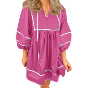 imageCicy Bell Womens Babydoll Mini Dresses 34 Puff Sleeve V Neck Dress Casual Loose Fit Patchwork Pleated Swing Vacation OutfitsBright Pink