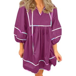 imageCicy Bell Womens Babydoll Mini Dresses 34 Puff Sleeve V Neck Dress Casual Loose Fit Patchwork Pleated Swing Vacation OutfitsFuchsia