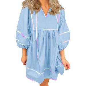 imageCicy Bell Womens Babydoll Mini Dresses 34 Puff Sleeve V Neck Dress Casual Loose Fit Patchwork Pleated Swing Vacation OutfitsLight Blue