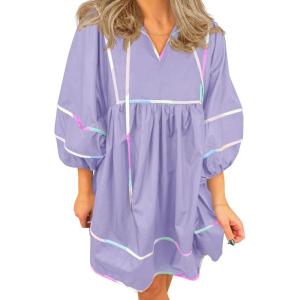 imageCicy Bell Womens Babydoll Mini Dresses 34 Puff Sleeve V Neck Dress Casual Loose Fit Patchwork Pleated Swing Vacation OutfitsLight Purple