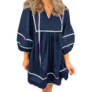 imageCicy Bell Womens Babydoll Mini Dresses 34 Puff Sleeve V Neck Dress Casual Loose Fit Patchwork Pleated Swing Vacation OutfitsNavy
