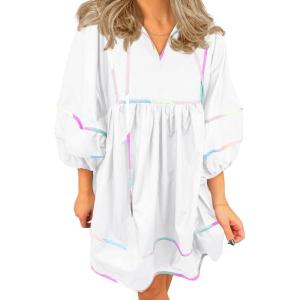 imageCicy Bell Womens Babydoll Mini Dresses 34 Puff Sleeve V Neck Dress Casual Loose Fit Patchwork Pleated Swing Vacation OutfitsWhite
