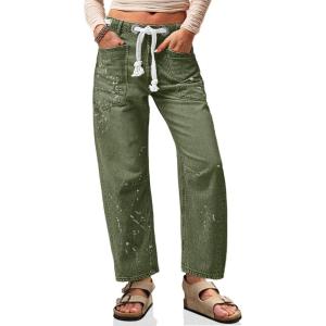 imageCicy Bell Womens Baggy Barrel Horseshoe Jeans Wide Leg Drawstring Vintage Denim Pants with Front PocketsArmy Green