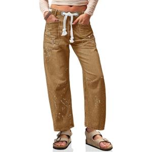 imageCicy Bell Womens Baggy Barrel Horseshoe Jeans Wide Leg Drawstring Vintage Denim Pants with Front PocketsBrown
