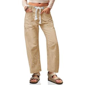 imageCicy Bell Womens Baggy Barrel Horseshoe Jeans Wide Leg Drawstring Vintage Denim Pants with Front PocketsKhaki