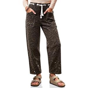 imageCicy Bell Womens Baggy Barrel Horseshoe Jeans Wide Leg Drawstring Vintage Denim Pants with Front PocketsLeopard Khaki