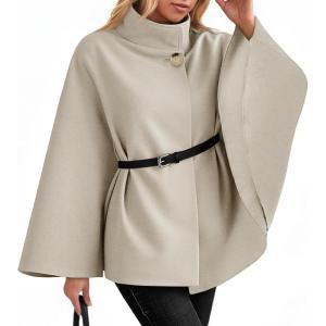 imageCicy Bell Womens Batwing Sleeve Poncho Pea Coats Oversized Belted Trendy Casual Stand Collar Cloak Cape CoatsBeige