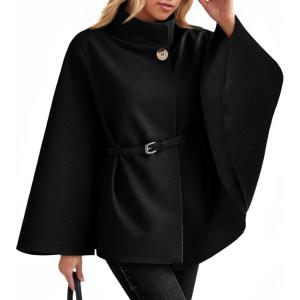 imageCicy Bell Womens Batwing Sleeve Poncho Pea Coats Oversized Belted Trendy Casual Stand Collar Cloak Cape CoatsBlack