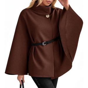 imageCicy Bell Womens Batwing Sleeve Poncho Pea Coats Oversized Belted Trendy Casual Stand Collar Cloak Cape CoatsCoffee