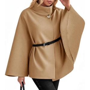 imageCicy Bell Womens Batwing Sleeve Poncho Pea Coats Oversized Belted Trendy Casual Stand Collar Cloak Cape CoatsKhaki
