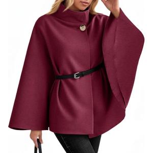 imageCicy Bell Womens Batwing Sleeve Poncho Pea Coats Oversized Belted Trendy Casual Stand Collar Cloak Cape CoatsWine Red