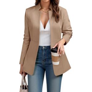 imageCicy Bell Womens Business Casual Blazer Long Sleeve Open Front Notch Stand Collar Blazer Work Office Jacket SuitKhaki