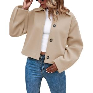 imageCicy Bell Womens Cropped Pea Coat Casual Button Down Short Jackets Fall Winter OuterwearBeige