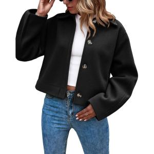 imageCicy Bell Womens Cropped Pea Coat Casual Button Down Short Jackets Fall Winter OuterwearBlack