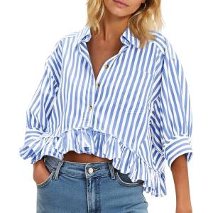 imageCicy Bell Womens Cropped Striped Button Down Shirts Ruffle 34 Length Sleeve Summer Tops Dressy Casual BlousesBlue
