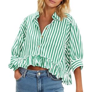 imageCicy Bell Womens Cropped Striped Button Down Shirts Ruffle 34 Length Sleeve Summer Tops Dressy Casual BlousesGreen