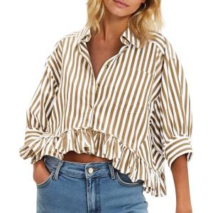 imageCicy Bell Womens Cropped Striped Button Down Shirts Ruffle 34 Length Sleeve Summer Tops Dressy Casual BlousesKhaki