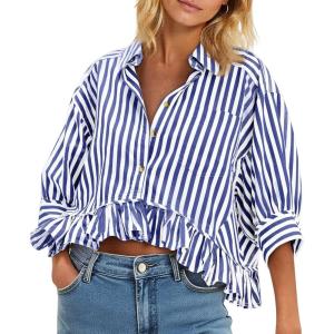 imageCicy Bell Womens Cropped Striped Button Down Shirts Ruffle 34 Length Sleeve Summer Tops Dressy Casual BlousesNavy