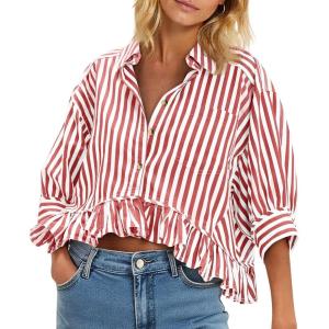 imageCicy Bell Womens Cropped Striped Button Down Shirts Ruffle 34 Length Sleeve Summer Tops Dressy Casual BlousesRed