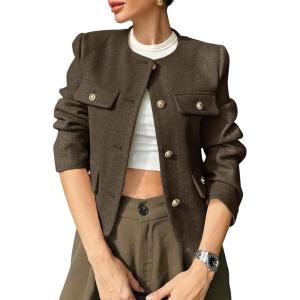 imageCicy Bell Womens Cropped Tweed Blazers Jacket Collarless Button Down Business Casual 2025 Fall Outfits Winter CoatsCoffee