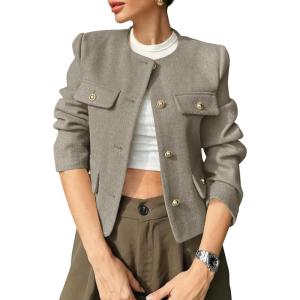 imageCicy Bell Womens Cropped Tweed Blazers Jacket Collarless Button Down Business Casual 2025 Fall Outfits Winter CoatsGrey