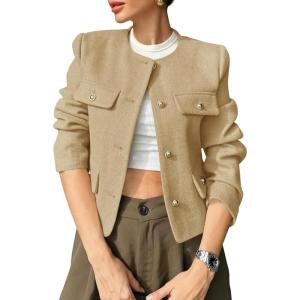 imageCicy Bell Womens Cropped Tweed Blazers Jacket Collarless Button Down Business Casual 2025 Fall Outfits Winter CoatsKhaki