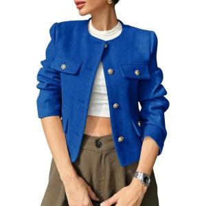 imageCicy Bell Womens Cropped Tweed Blazers Jacket Collarless Button Down Business Casual 2025 Fall Outfits Winter CoatsRoyal Blue