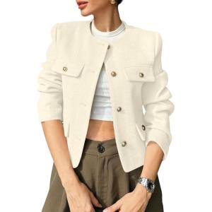 imageCicy Bell Womens Cropped Tweed Blazers Jacket Collarless Button Down Business Casual 2025 Fall Outfits Winter CoatsWhite