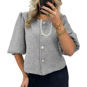imageCicy Bell Womens Cropped Tweed Blazers Puff Short Sleeve Crew Neck Button Business Casual Suit JacketsBlack White