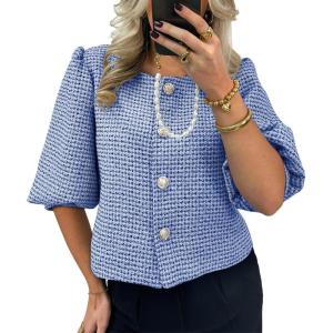 imageCicy Bell Womens Cropped Tweed Blazers Puff Short Sleeve Crew Neck Button Business Casual Suit JacketsBlue