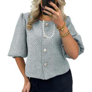 imageCicy Bell Womens Cropped Tweed Blazers Puff Short Sleeve Crew Neck Button Business Casual Suit JacketsGrey
