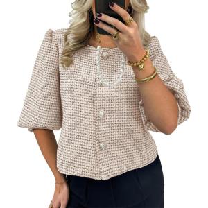 imageCicy Bell Womens Cropped Tweed Blazers Puff Short Sleeve Crew Neck Button Business Casual Suit JacketsKhaki