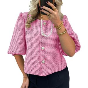 imageCicy Bell Womens Cropped Tweed Blazers Puff Short Sleeve Crew Neck Button Business Casual Suit JacketsPink