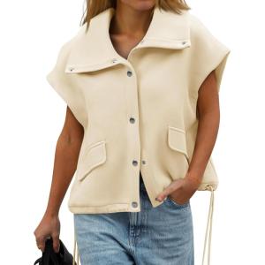imageCicy Bell Womens Fall Oversized Vest Cropped Button Down Cap Sleeve Lapel Collar Jackets Casual Drawstring OuterwearBeige
