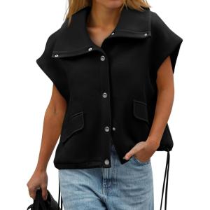 imageCicy Bell Womens Fall Oversized Vest Cropped Button Down Cap Sleeve Lapel Collar Jackets Casual Drawstring OuterwearBlack