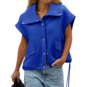 imageCicy Bell Womens Fall Oversized Vest Cropped Button Down Cap Sleeve Lapel Collar Jackets Casual Drawstring OuterwearBlue