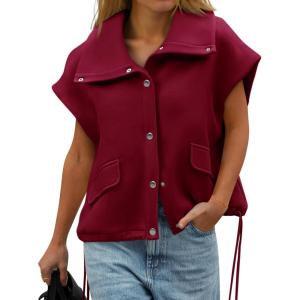 imageCicy Bell Womens Fall Oversized Vest Cropped Button Down Cap Sleeve Lapel Collar Jackets Casual Drawstring OuterwearBurgundy