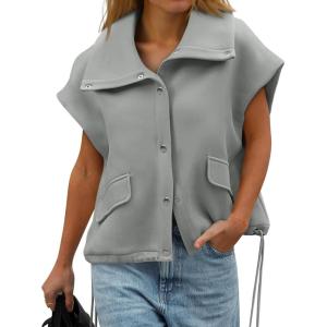 imageCicy Bell Womens Fall Oversized Vest Cropped Button Down Cap Sleeve Lapel Collar Jackets Casual Drawstring OuterwearGrey