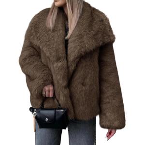 imageCicy Bell Womens Faux Fur Coat Winter Shaggy Casual Oversized Lapel Jackets Warm Fuzzy OuterwearBrown