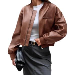 imageCicy Bell Womens Faux Leather Bomber Jackets Baseball Collar Zip Up Cropped Biker Coat with PocketsCaramel