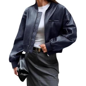 imageCicy Bell Womens Faux Leather Bomber Jackets Baseball Collar Zip Up Cropped Biker Coat with PocketsDark Blue