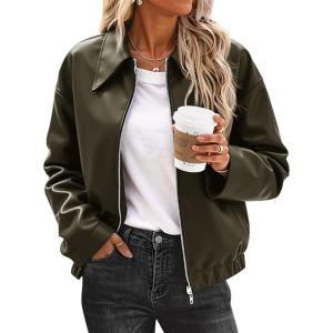 imageCicy Bell Womens Faux Leather Bomber Jackets Cropped Motorcycle Casual Coats Fall Trendy Zip Up OuterwearArmy Green