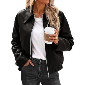 imageCicy Bell Womens Faux Leather Bomber Jackets Cropped Motorcycle Casual Coats Fall Trendy Zip Up OuterwearBlack
