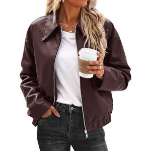 imageCicy Bell Womens Faux Leather Bomber Jackets Cropped Motorcycle Casual Coats Fall Trendy Zip Up OuterwearBrown