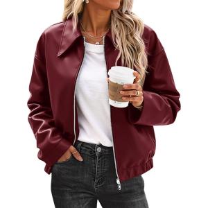 imageCicy Bell Womens Faux Leather Bomber Jackets Cropped Motorcycle Casual Coats Fall Trendy Zip Up OuterwearWine Red