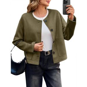 imageCicy Bell Womens Faux Suede Leather Jackets Trendy Casual Cropped Outerwear Button Down Collarless Short Bomber ShacketsArmy Green