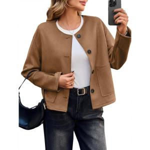 imageCicy Bell Womens Faux Suede Leather Jackets Trendy Casual Cropped Outerwear Button Down Collarless Short Bomber ShacketsBrown