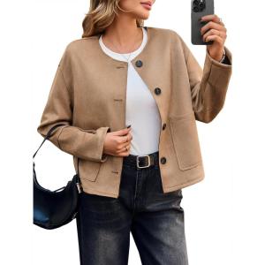 imageCicy Bell Womens Faux Suede Leather Jackets Trendy Casual Cropped Outerwear Button Down Collarless Short Bomber ShacketsCamel
