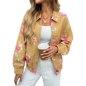 imageCicy Bell Womens Floral Zip Up Bomber Jackets Cropped Long Sleeve Denim Coats Trendy Casual Collared Vintage OuterwearKhaki